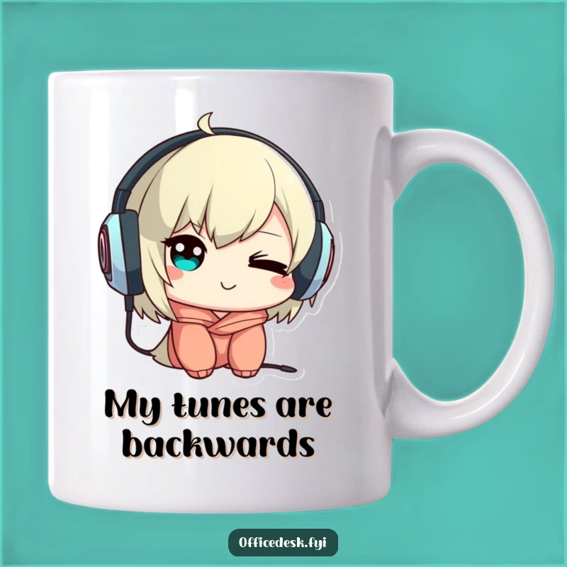 Funny Music Lover Mug: Backwards Headphones, Mischievous Wink, Perfect Gift