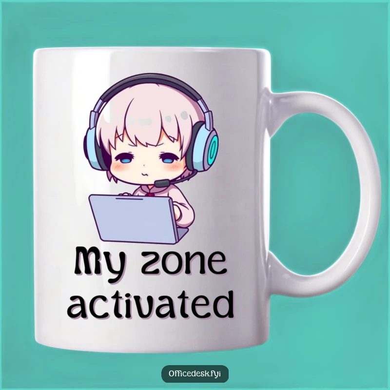 Funny Gamer Character Mug: Intense focus, oversized headset, perfect screen time gift.