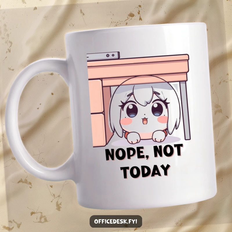 Funny mug showing a surprised character hiding under a desk, eyes wide with comedic panic, a perfect gift for relatable humor.