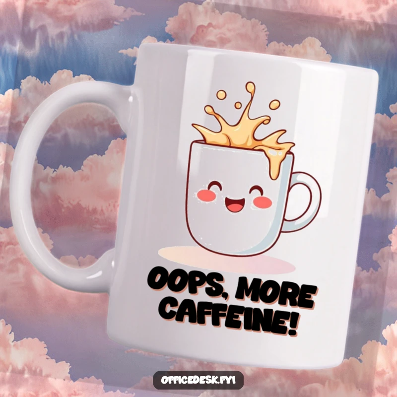 Funny mug with a cute coffee mug character happily spilling a cheerful splash of liquid, embodying morning joy.