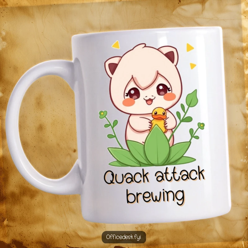 Funny mug featuring a cute character mischievously hiding a tiny rubber ducky amongst lush plant leaves, radiating playful charm.