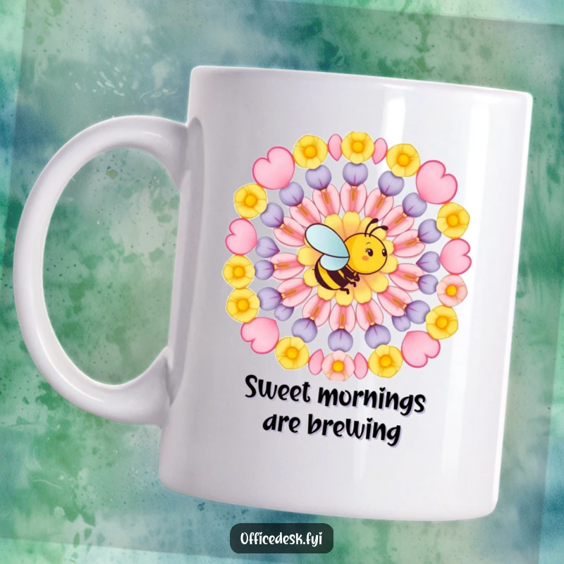 Funny mug featuring a busy bee meticulously arranging flower petals in a perfect geometric pattern with focused, artistic dedication.