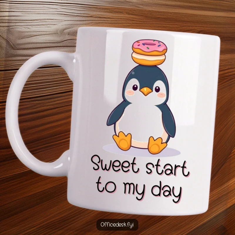 Funny plump penguin precariously balancing a stack of donuts on its head, dessert humor, mug.