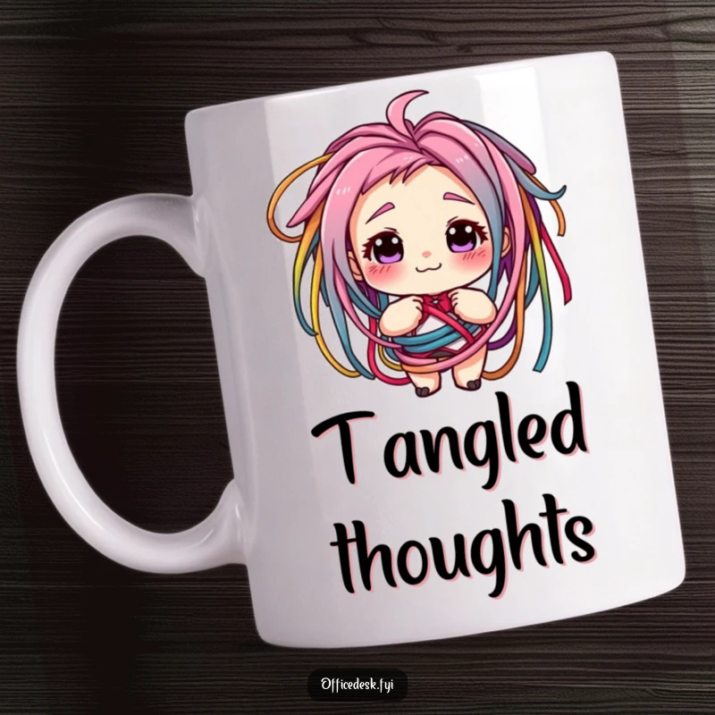 Funny mug showing a grinning character tangled in colorful cords, representing tech chaos and relatable frustration. Great gift.