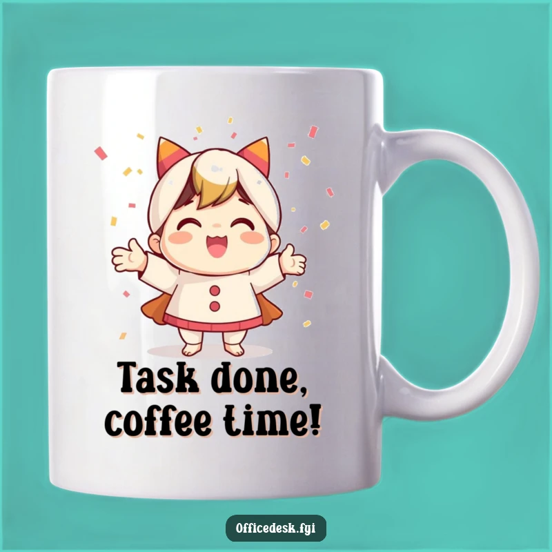 Funny Celebration Mug: Happy Character With Confetti, Perfect Accomplishment Gift