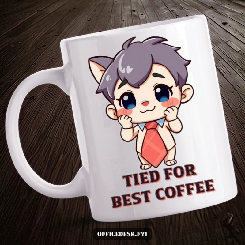 Funny Character Mug: A curious character with a wide grin, adjusting a large, whimsical tie, exuding playful charm.