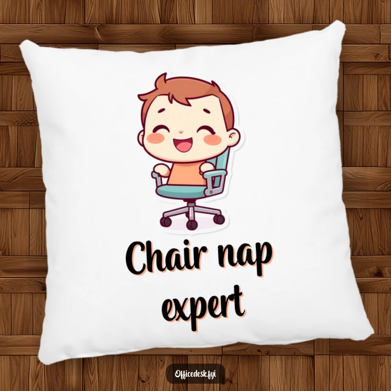 Soft, funny pillow featuring a tiny character with a joyful grin, riding a rolling office chair for humorous decor.