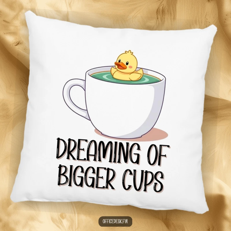 Funny pillow showing a tiny character with a rubber ducky blissfully floating in a huge coffee mug, adding humor to any room.