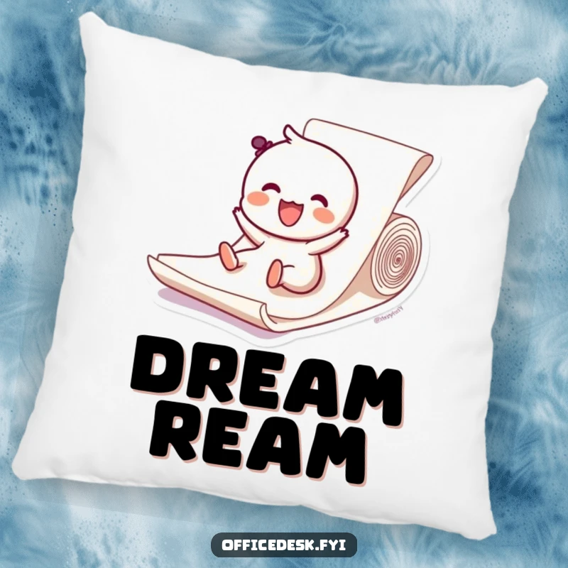 Funny pillow depicting a character joyfully sliding down a paper ream, offering soft comfort and a dose of pure happiness.