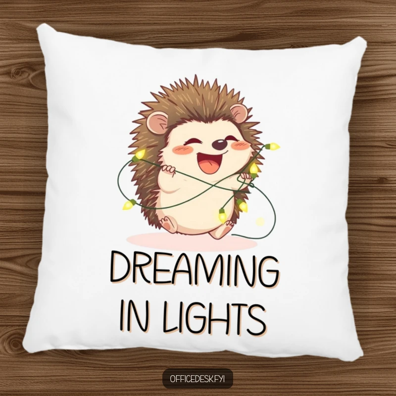 Funny hedgehog pillow, a cute hedgehog is hilariously entwined in a string of bright fairy lights, soft and amusing.