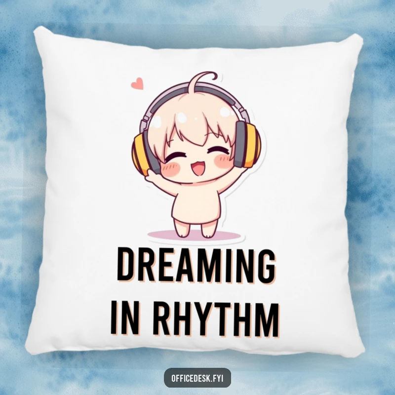 Funny pillow featuring a character in oversized headphones, enthusiastically bobbing its head, adding musical comfort to decor.