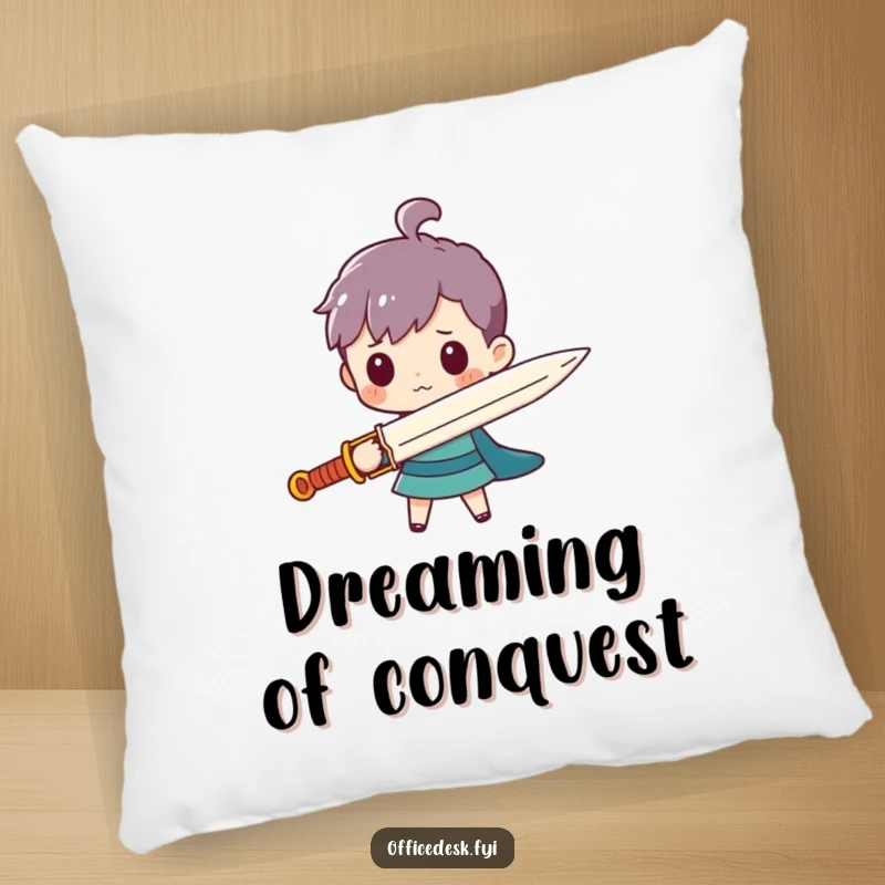 Funny pillow with a tiny character holding a giant paperclip sword, a humorous and cozy decorative item.