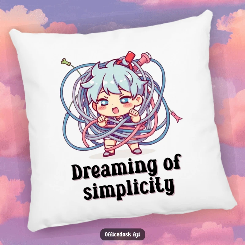 Funny Character Pillow: A determined character untangling a giant knot of cables, offering humorous comfort and support.