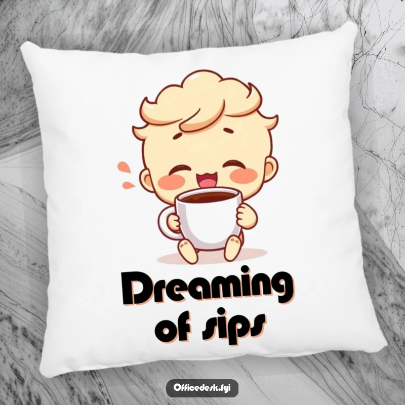 Funny pillow featuring a cheerful character with a satisfied sigh, taking a triumphant sip from a coffee mug, embodying contentment.