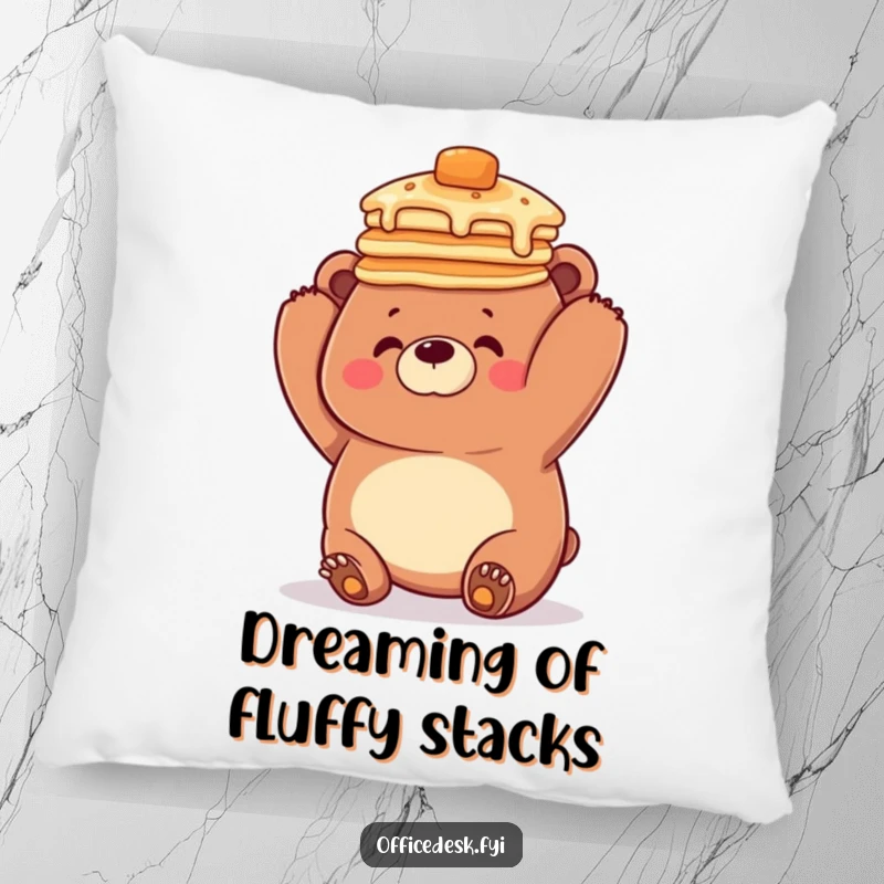 Funny pillow featuring a cute, clumsy bear hilariously attempting to balance a teetering stack of pancakes on its head, designed for comfort and laughs.