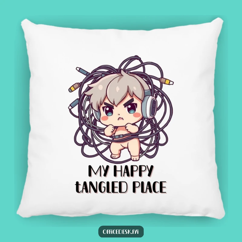Funny Cable Nightmare Pillow: Determined Character Battling Tech Tangles, Cozy Funny Gift