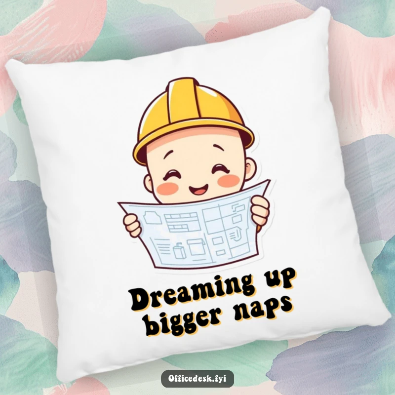 Funny construction worker smiling, hard hat, resting, blueprint beside, soft plush pillow, funny gift.