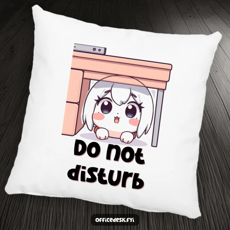 Funny pillow featuring a surprised character hiding under a desk, eyes wide in a funny, relatable pose, ideal for humorous comfort.