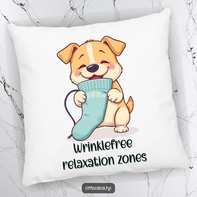 Funny Dog Ironing Pillow: A soft cushion featuring a happy dog ironing a sock with its nose, bringing energetic humor to any seating area.