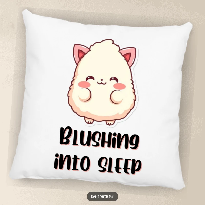 Funny pillow featuring a fluffy eraser character blushing with rosy cheeks, a soft touch of sweetness.