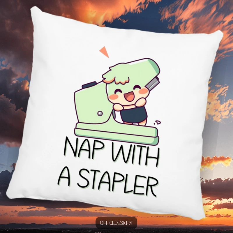 Funny pillow with a cheerful character attempting to use a giant stapler, offering plush, motivational humor.