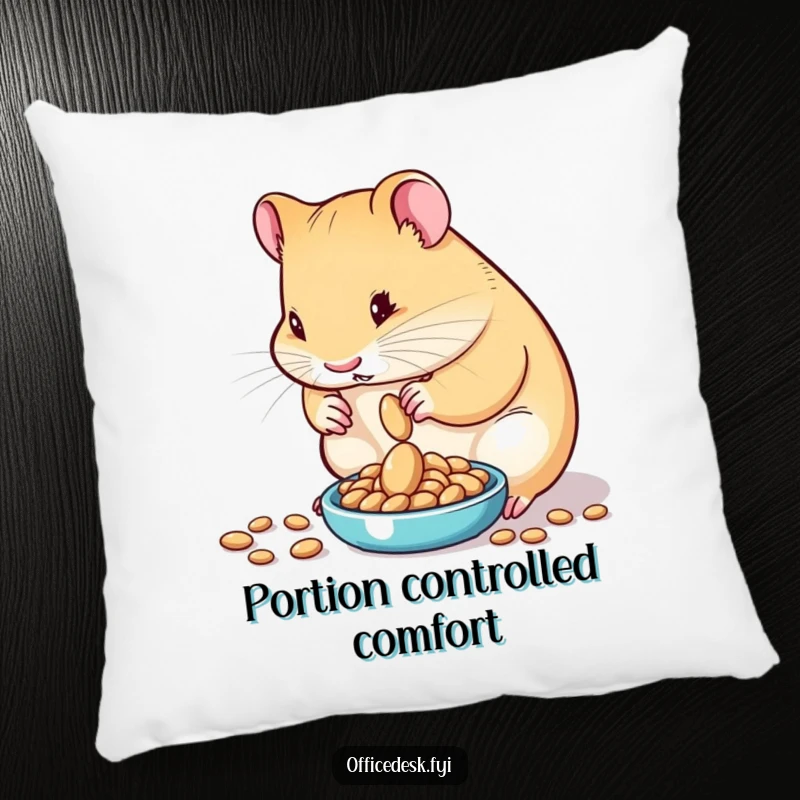 Funny pillow featuring a determined hamster meticulously measuring one seed on a tiny scale, offering cozy comfort and a symbol of precise effort.