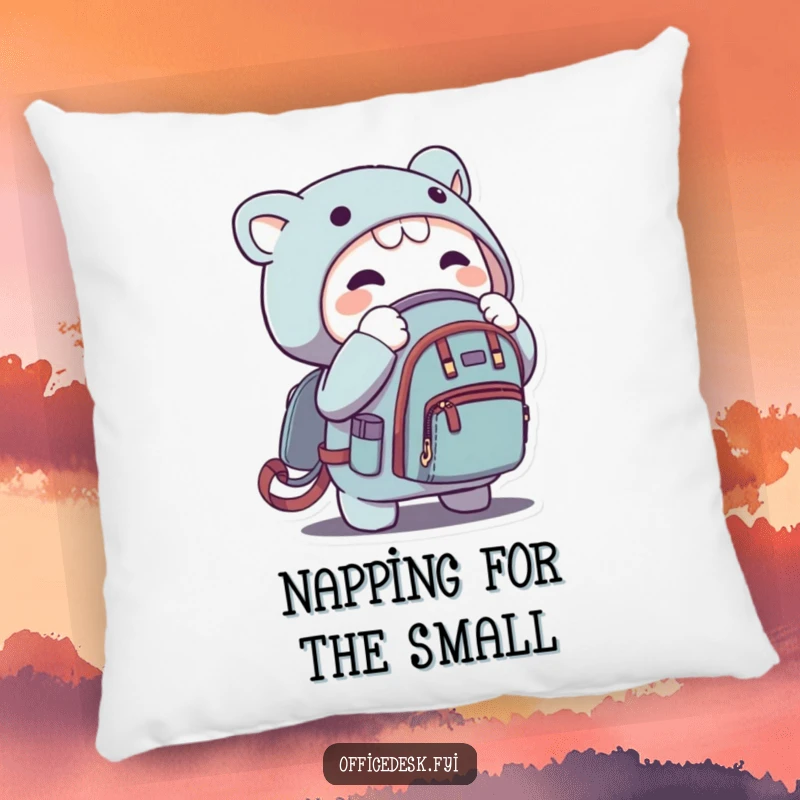 Funny pillow with a character zipping a microscopic backpack, a humorous and cozy decorative item for any space.