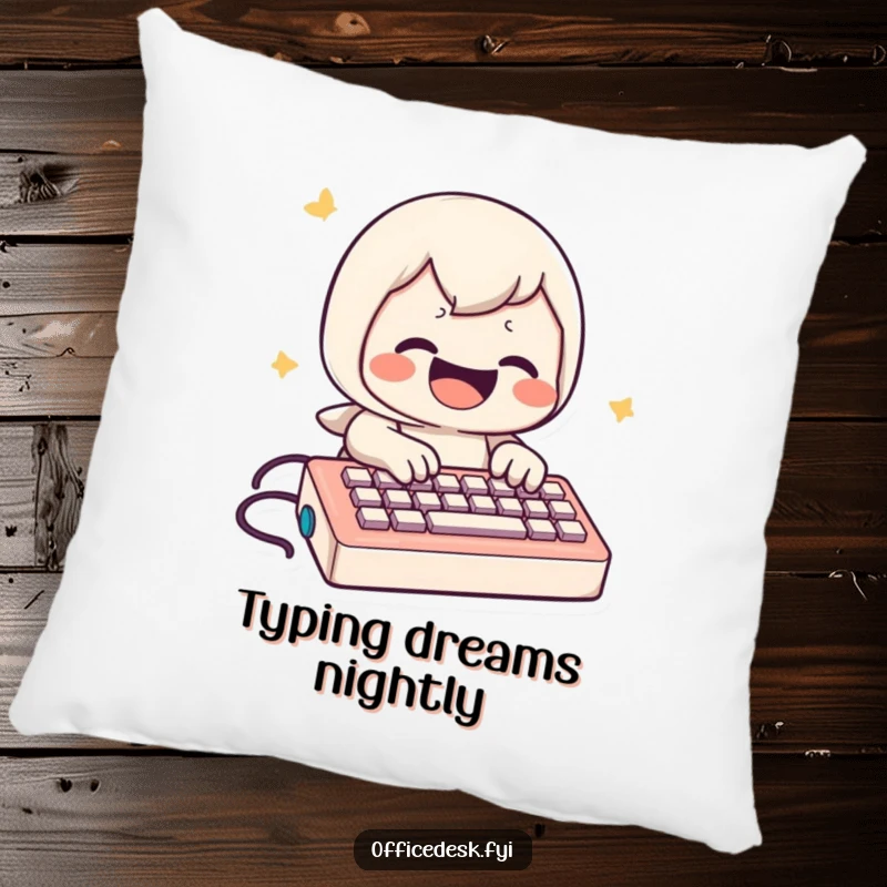 Funny Pillow: Joyful character with a bright grin furiously types on a miniature keyboard, bringing tech humor.
