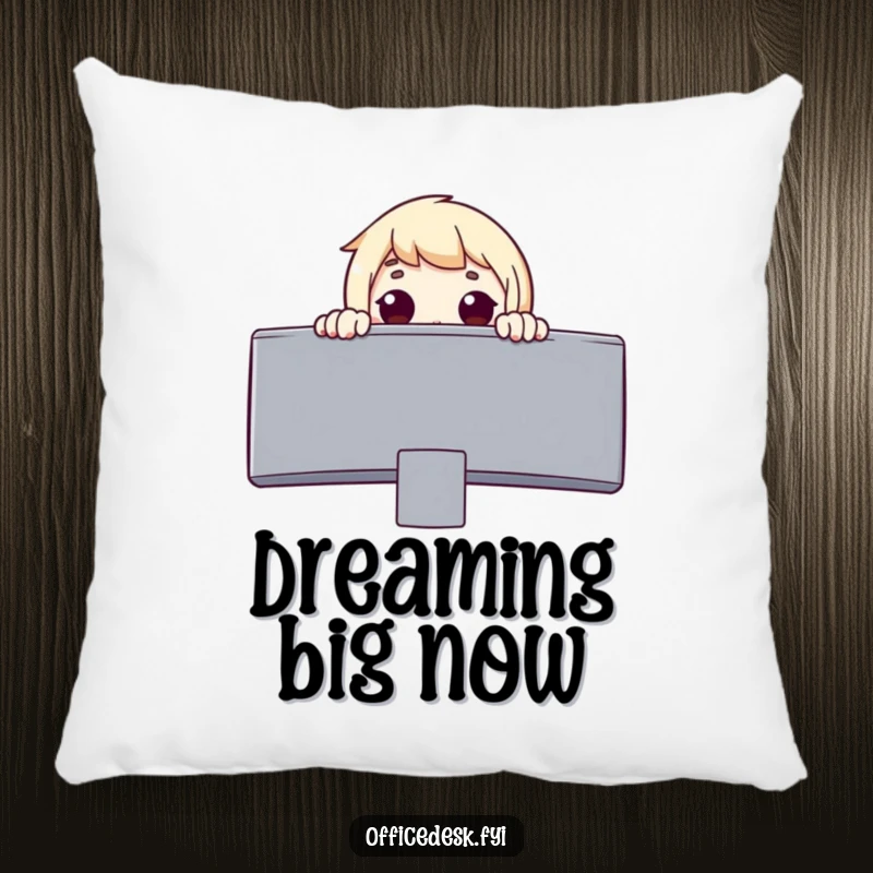 Funny pillow featuring a surprised character peeking over a giant monitor, embodying a look of pure wonder and fascination.