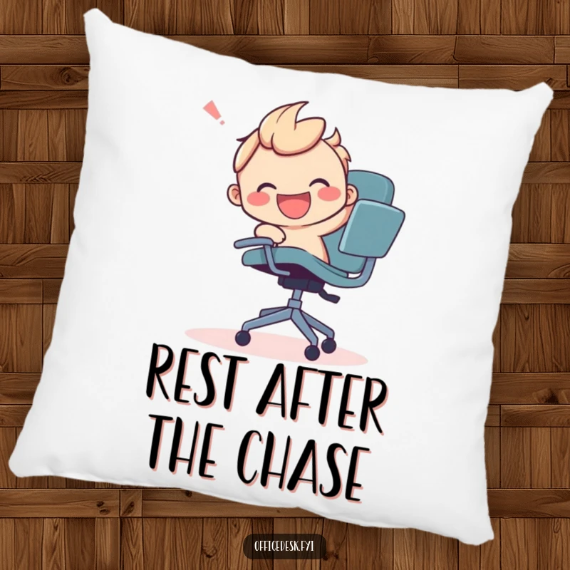 Funny pillow with a smiling character joyfully wrestling a runaway office chair, offering plush, chase-related humor.
