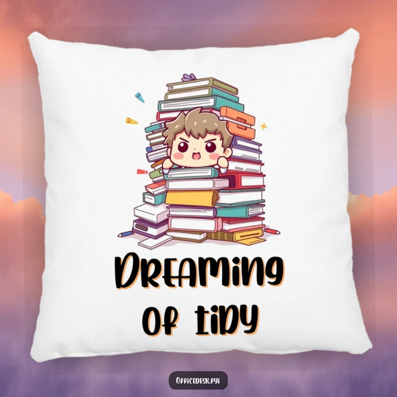 Funny Pillow: Character struggling to hold a collapsing pile of office supplies, bringing office humor to your decor.