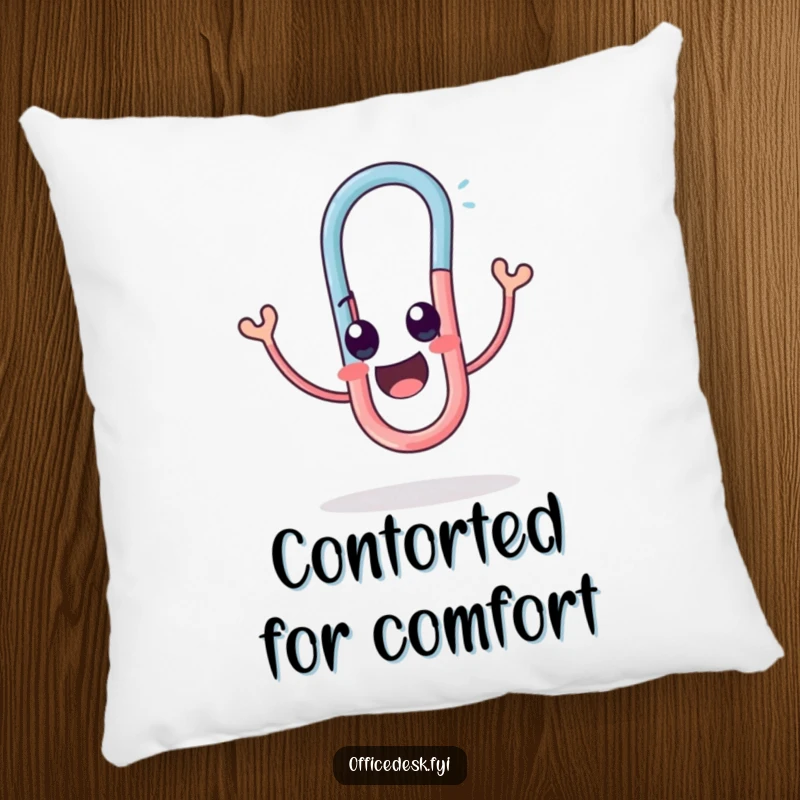 Funny pillow showcasing a cute paperclip character in a hilariously twisted pose, expressing pure delight.