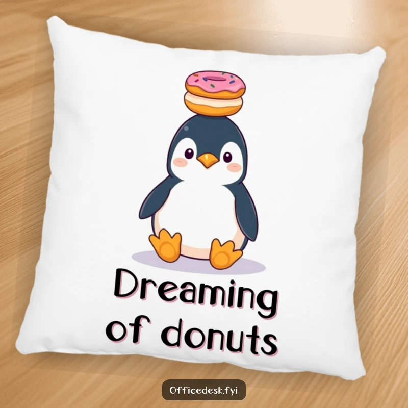 Soft pillow featuring a funny penguin hilariously balancing donuts, comfort and sweet humor decor.