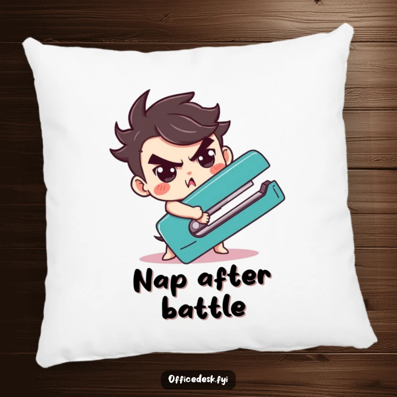 Soft, funny pillow featuring a cute character determinedly wrestling a giant stapler for humorous decor.