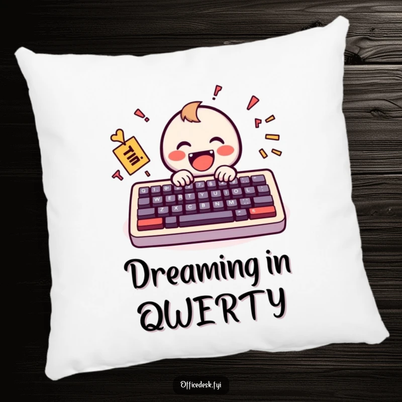 Funny Pillow: A tiny, cheerful keyboard icon energetically typing a chaotic yet happy message, perfect for cozy, humorous relaxation.