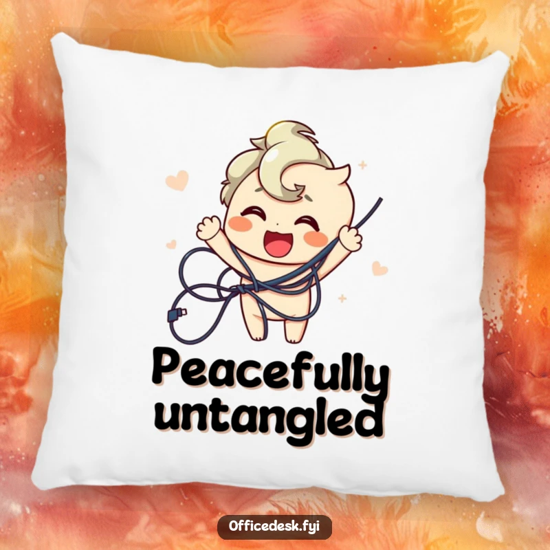 Funny pillow featuring a joyful character successfully untangling a tangled mess of wires, offering comfort and a symbol of order.