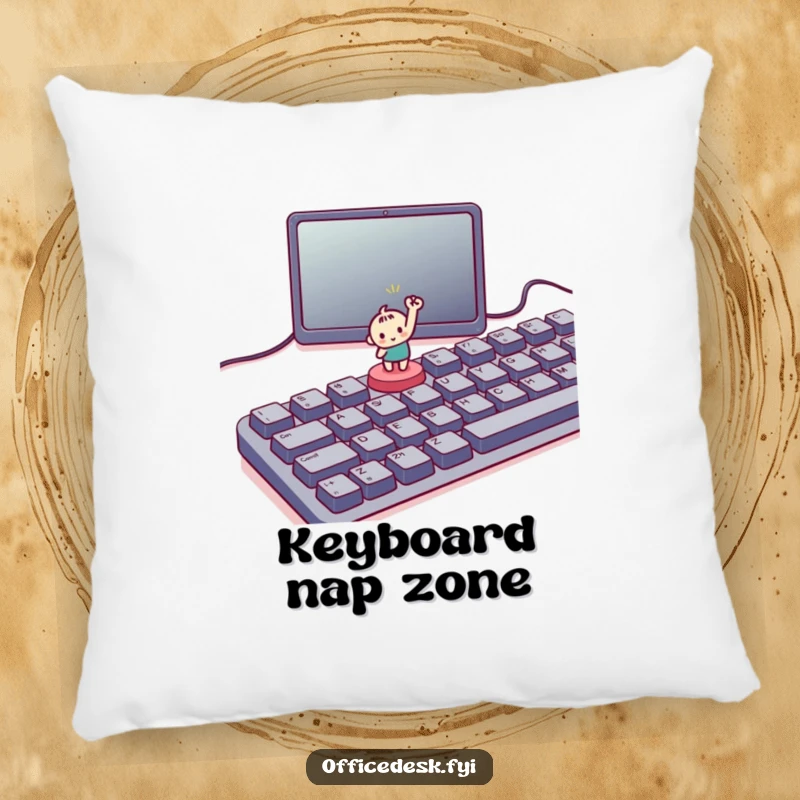 Funny pillow with a small character triumphantly pressing a tiny button on a large keyboard, providing soft, humorous comfort.