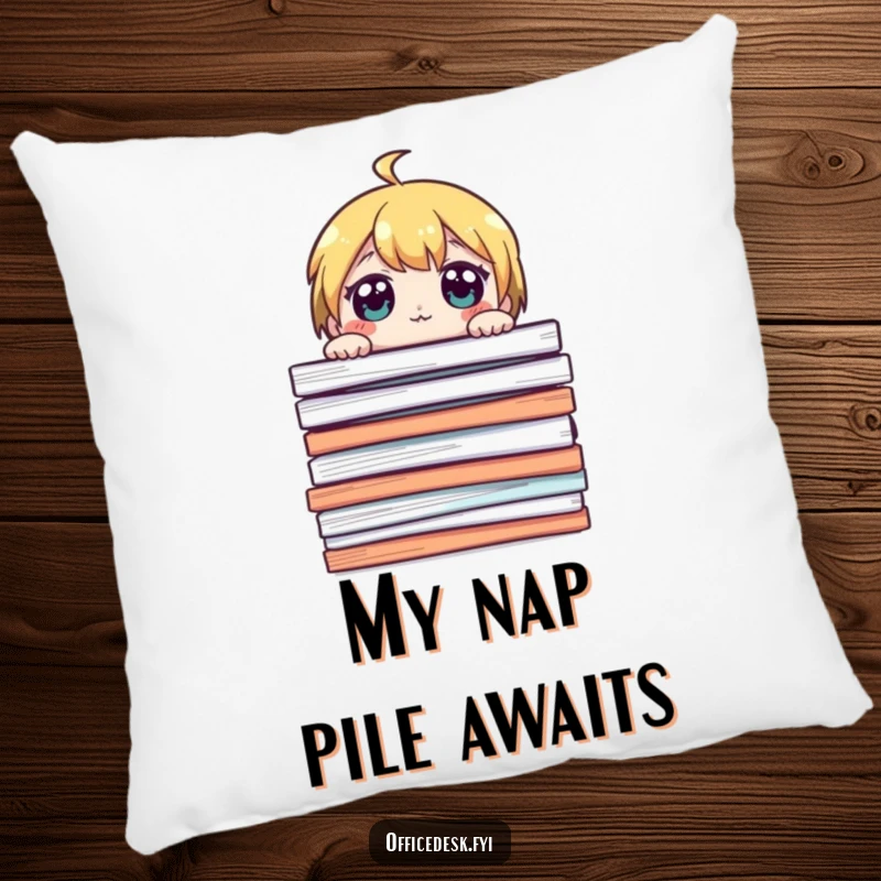 Funny pillow with a cute character peeking over a giant stack of papers, eyes wide, providing soft, humorous comfort.