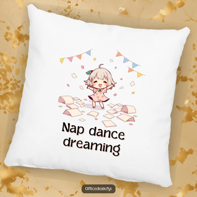 Funny Pillow: Character performing a solo dance routine amidst flying papers, symbolizing joy and self-expression. A cozy funny gift.