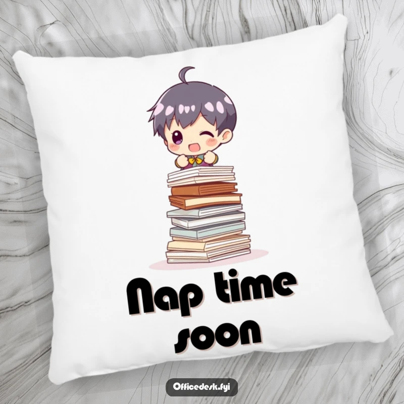 Funny Pillow: A small character balancing an impossibly tall stack of papers, designed for humorous comfort and decor.