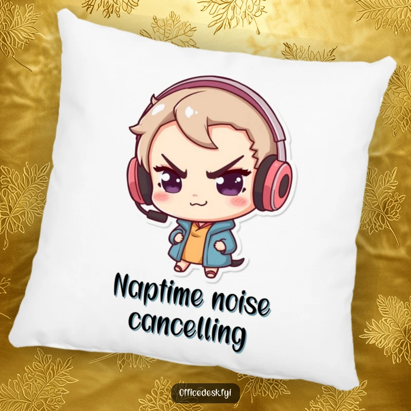 Funny pillow featuring a cute rabbit character with a mischievous smirk, wearing an oversized gaming headset, perfect for downtime.