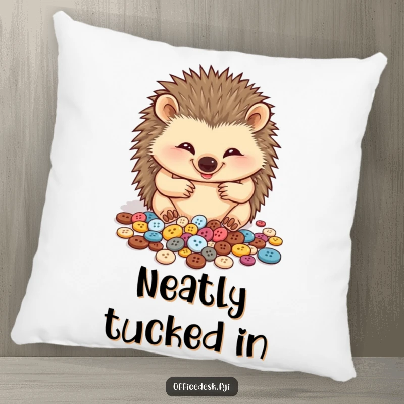 Funny pillow showing a joyful hedgehog meticulously arranging its tiny button collection, a symbol of cute, organized bliss.