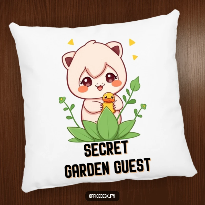 Funny pillow with a cute character discretely hiding a rubber ducky within a plant, offering comfort and a hint of mischief.