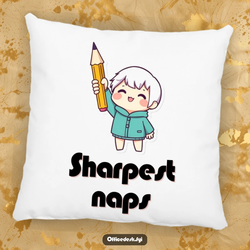 Funny pillow with a tiny character triumphantly holding a sharp pencil, offering comfort and a touch of quirky inspiration.