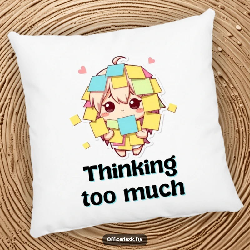 Funny cute character covered in sticky notes, looking bewildered but amused on a soft pillow for funny comfort.
