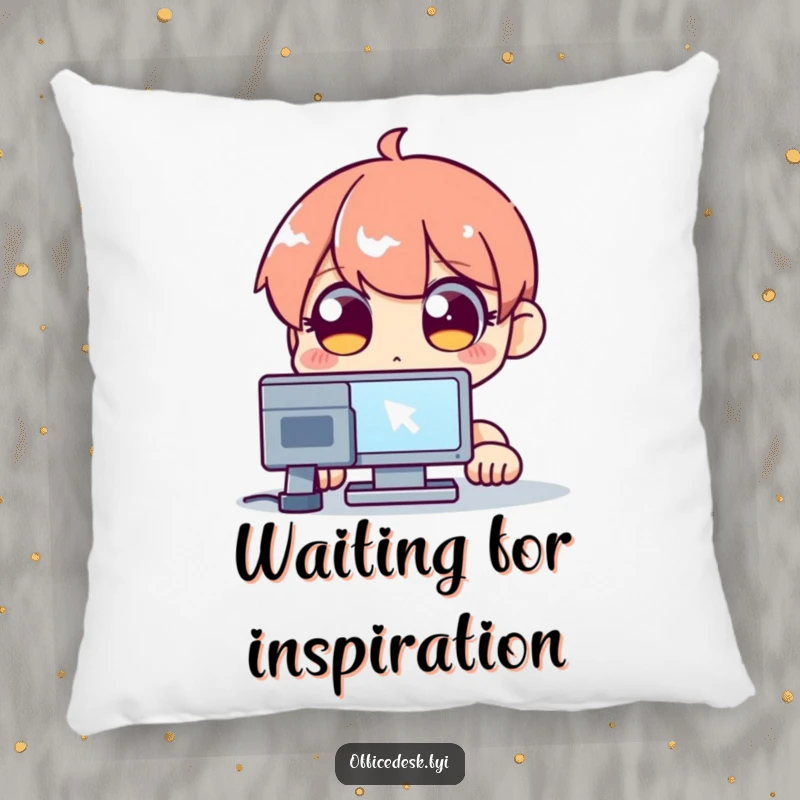 Funny pillow with a wide-eyed character fixated on a blinking computer cursor, adding comfort and humor to decor.