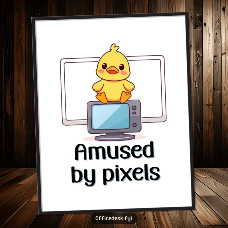 Funny digital art print of a small rubber duck sitting on a monitor, looking thoroughly amused.