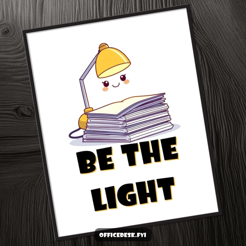 Funny desk lamp digital art print, a miniature grinning lamp character illuminating a pile of papers, vibrant and humorous decor.