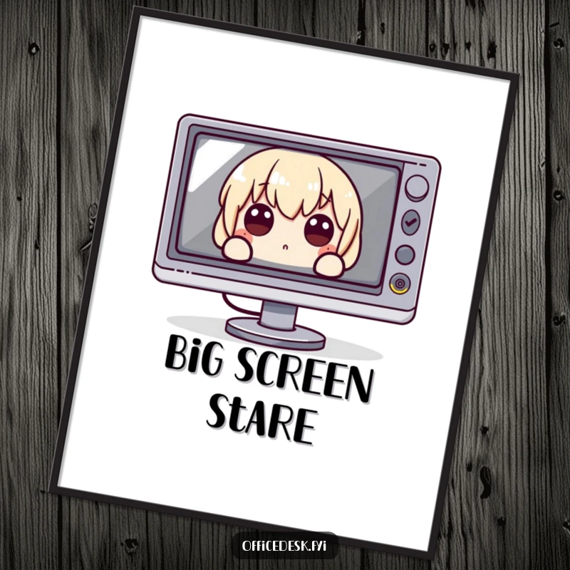 Funny Digital Art Print: A character peeking with wide eyes from behind a giant monitor, symbolizing intense screen time humorously.