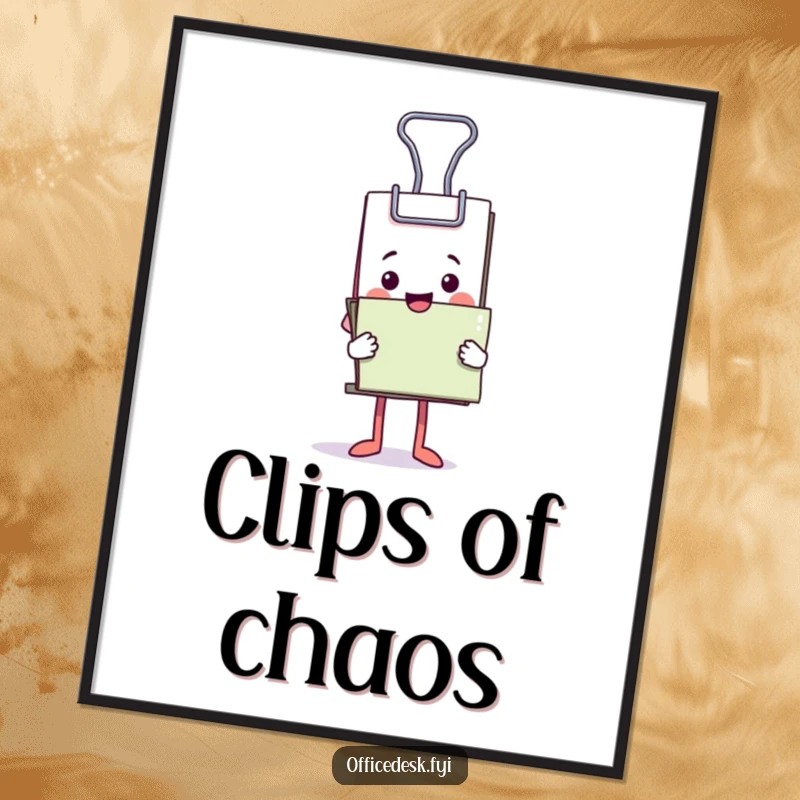 Funny digital art print of a happy binder clip character balancing an immense stack of documents.